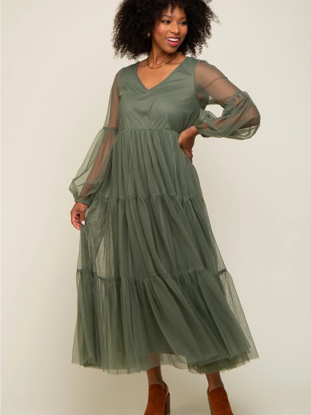 Sheer Tiered Maxi Dress in Olive Green